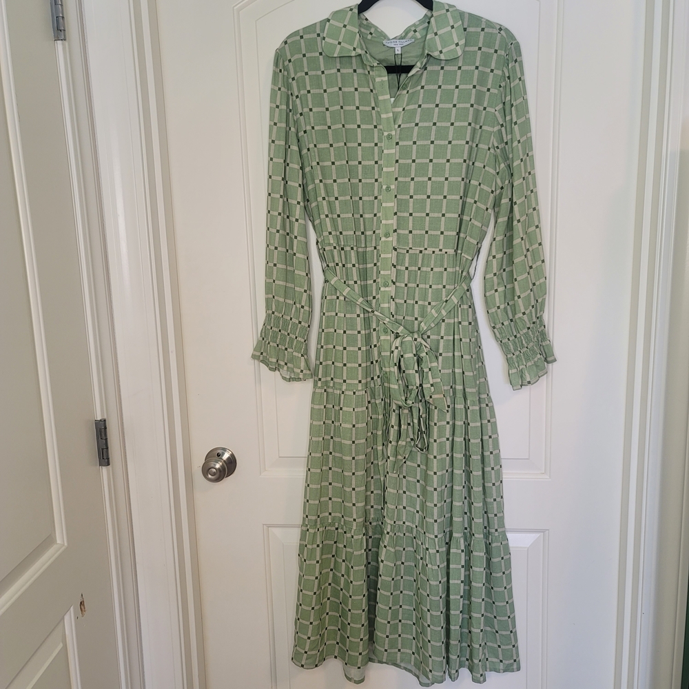 Taylor Tillman Green Cotton Linen Midi Dress Cottagecore